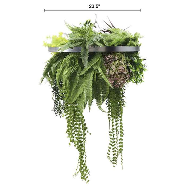Silver Framed Roof Hanging Disc With Tropical Foliage Mix and Draping Stems UV Resistant Medium 