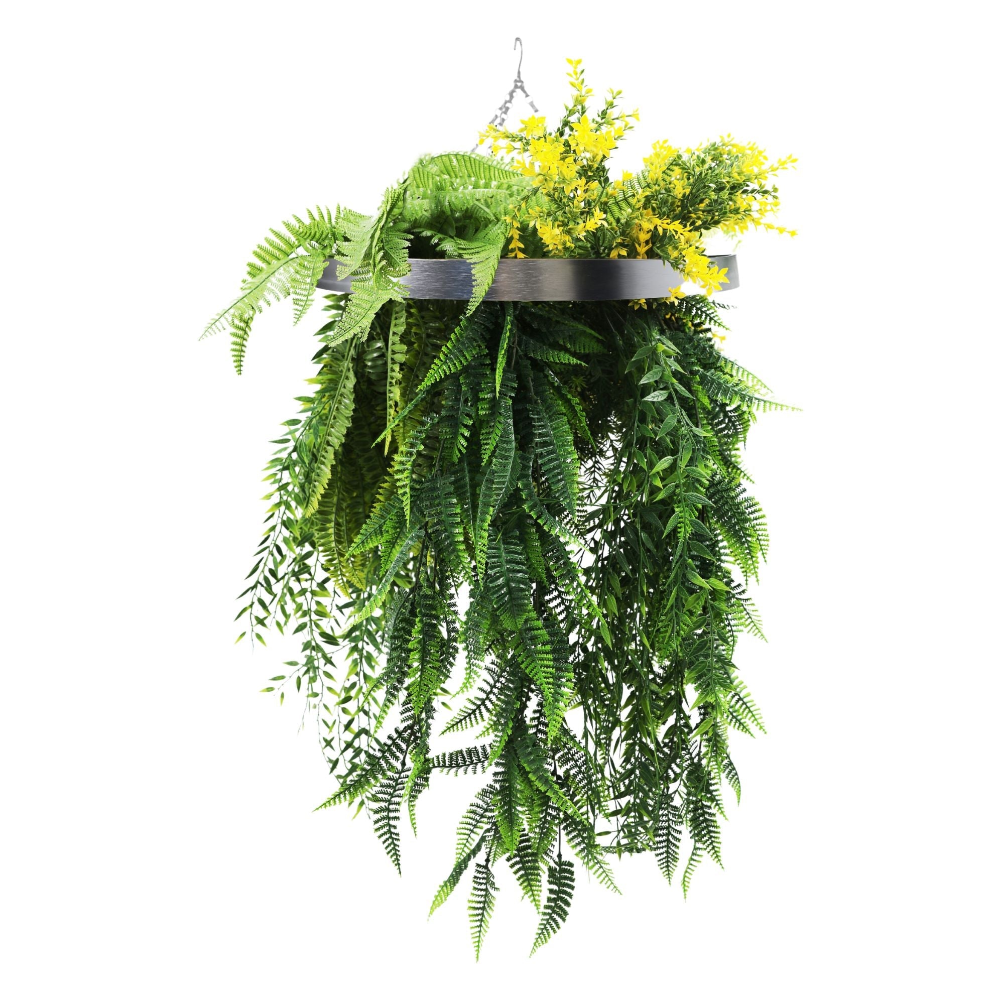 Silver Framed Roof Hanging Disc With Bright Tropical Foliage Mix and Draping Ferns UV Resistant Small