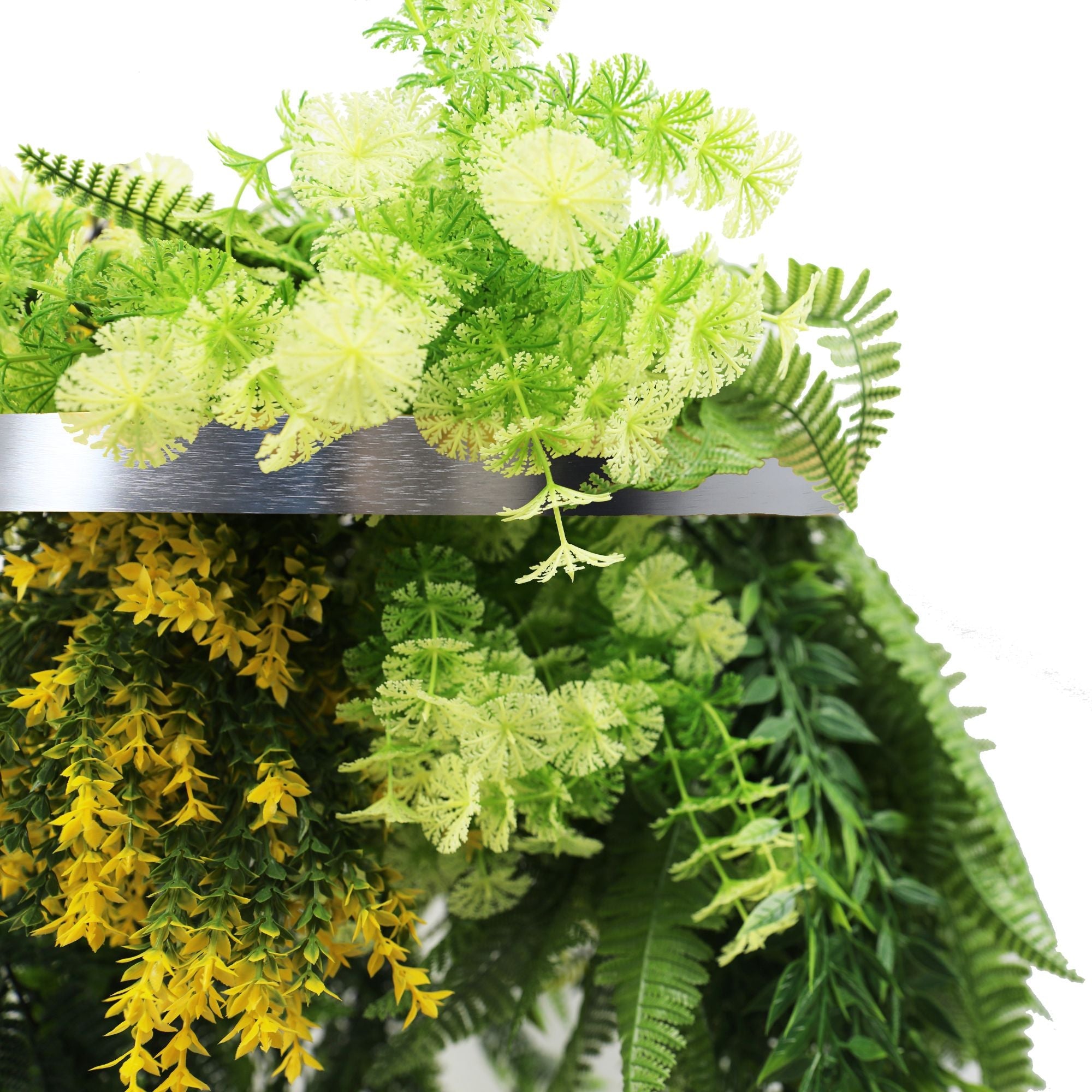 Silver Framed Roof Hanging Disc With Bright Tropical Foliage Mix and Draping Ferns UV Resistant Small