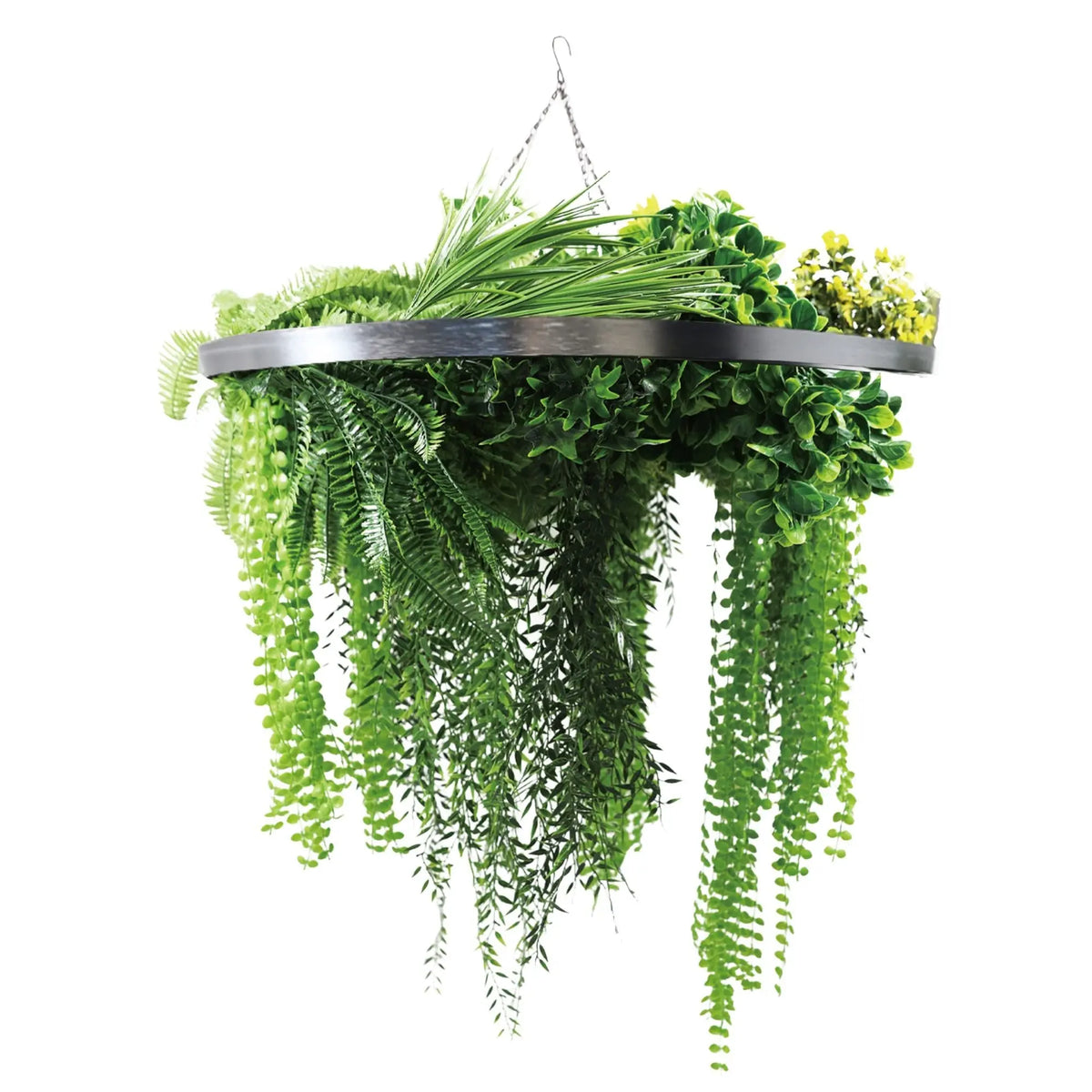 Silver Framed Roof Hanging Disc With Draping Life-Like Ferns and Plants UV Resistant Large 