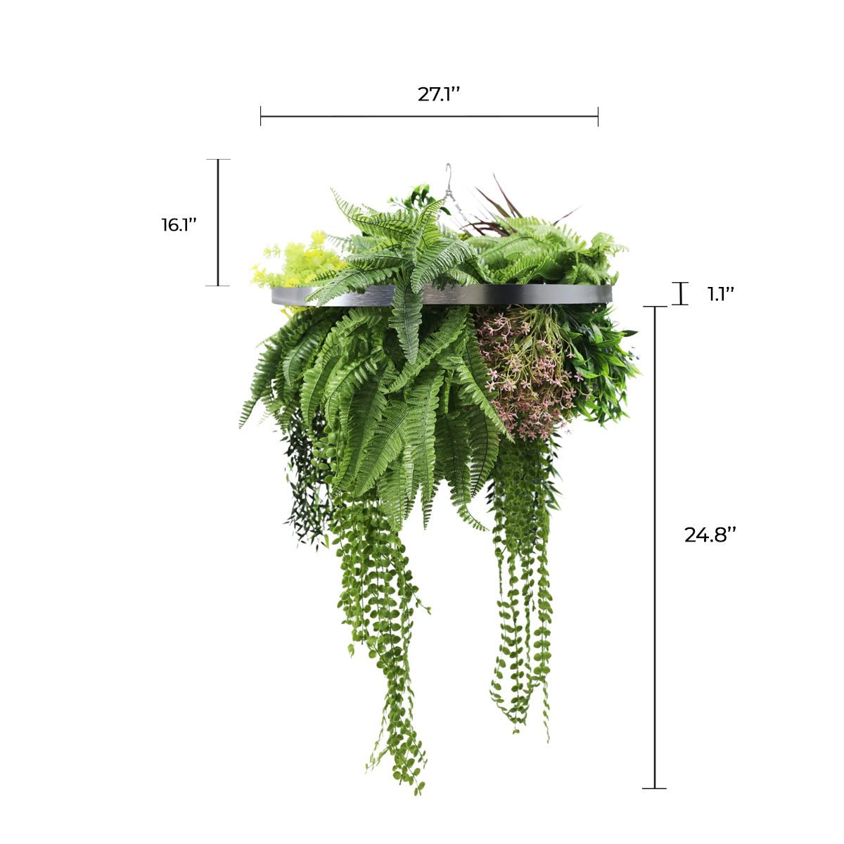 Silver Framed Roof Hanging Disc With Tropical Foliage Mix and Draping Stems UV Resistant Medium