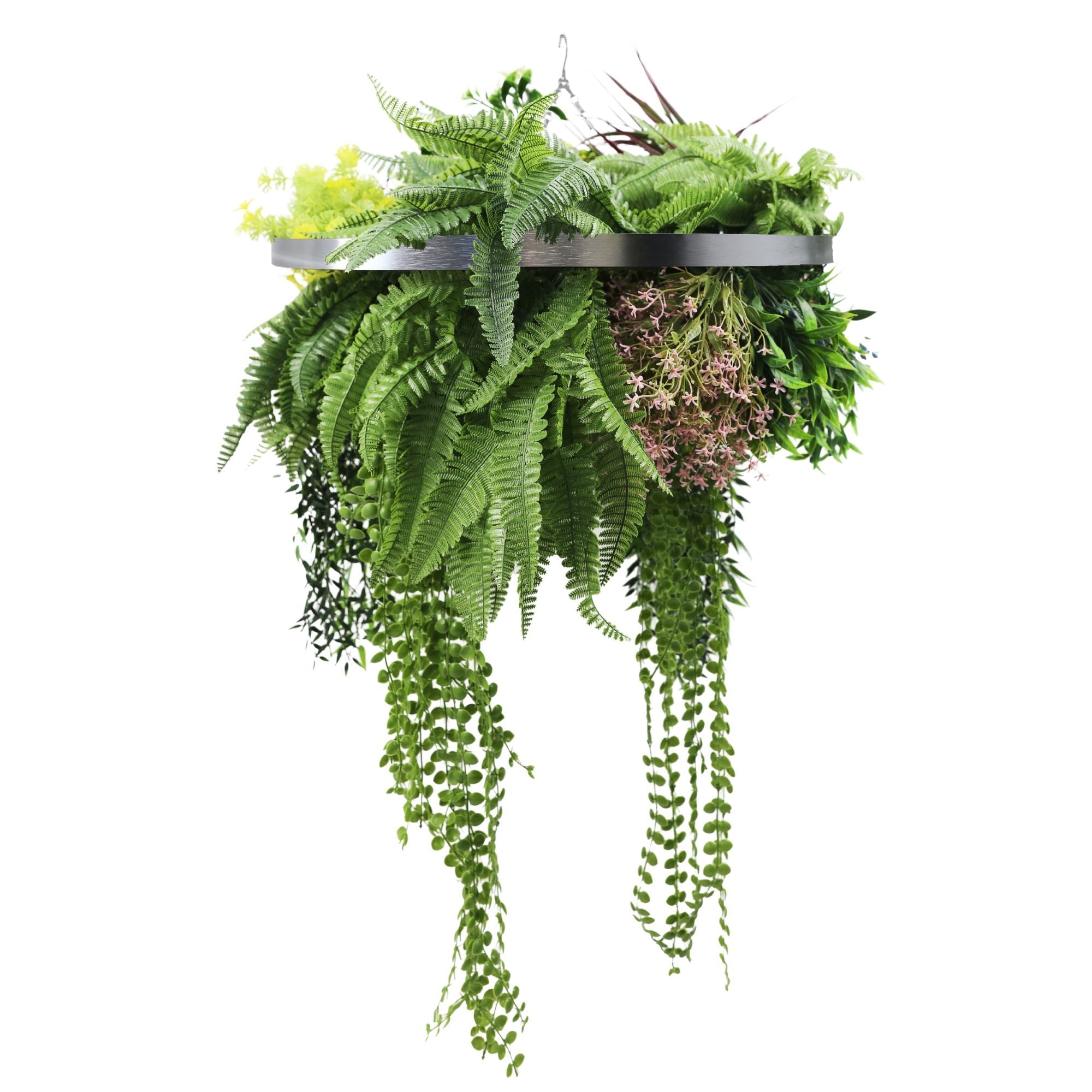 Silver Framed Roof Hanging Disc With Tropical Foliage Mix and Draping Stems UV Resistant Medium