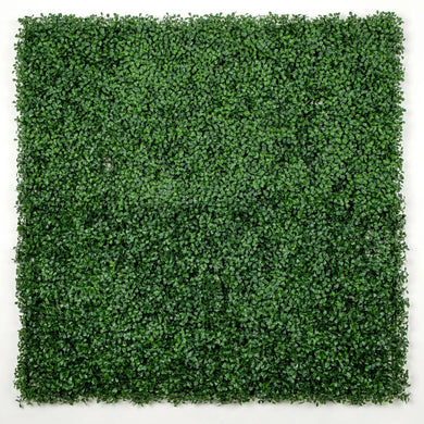 Dark green artificial boxwood hedge wall panel 40x40in with dense UV-resistant foliage