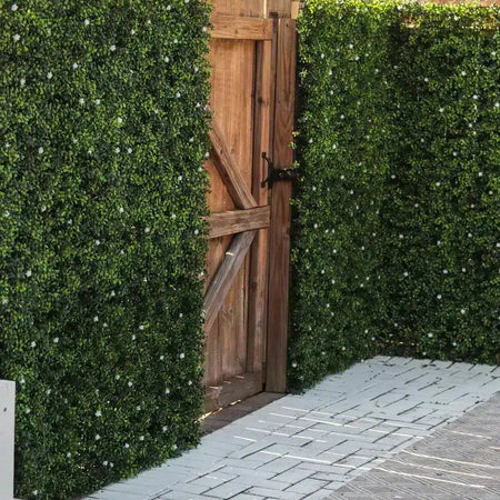 Wooden garden gate set into an artificial boxwood hedge wall.