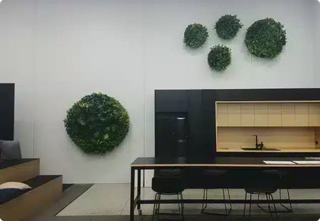 Round artificial green wall discs arranged on a white wall above an office kitchenette.