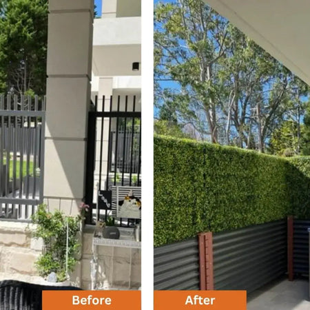 Before and after of an outdoor patio screened with artificial boxwood hedge panels.