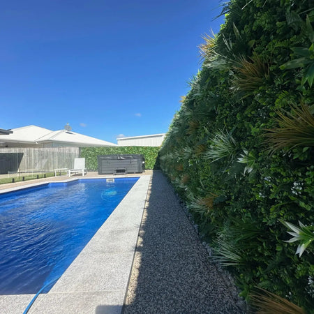 Tall artificial hedge running the length of a backyard pool.