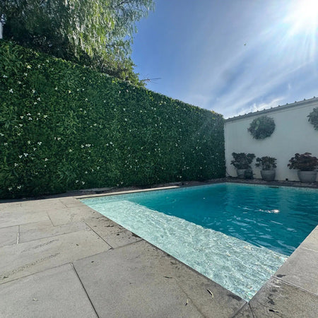 Artificial hedge screening around the corner of a backyard pool.