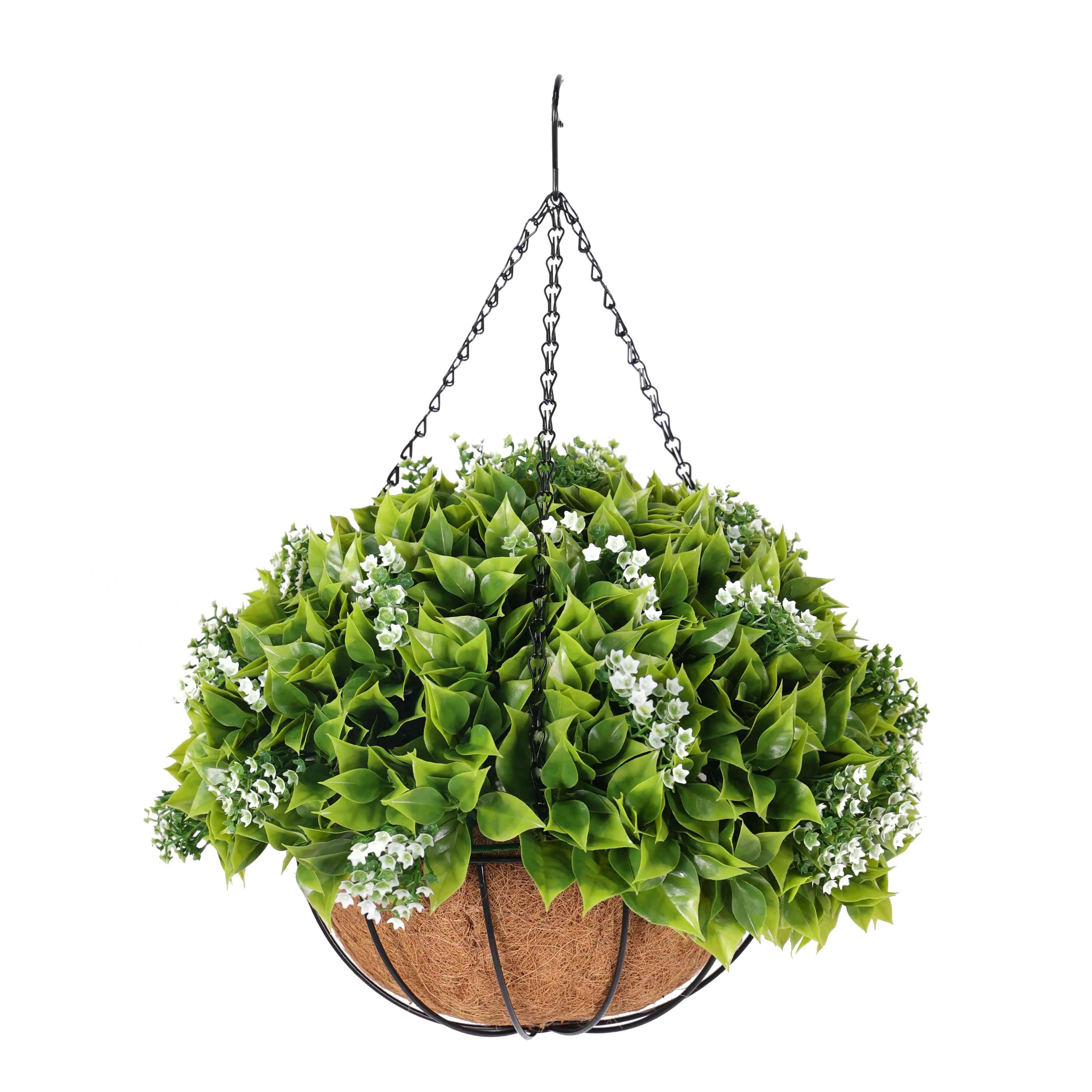 Hanging Artificial Wide Leaf Buxus Flowering Basket 18" UV Resistant